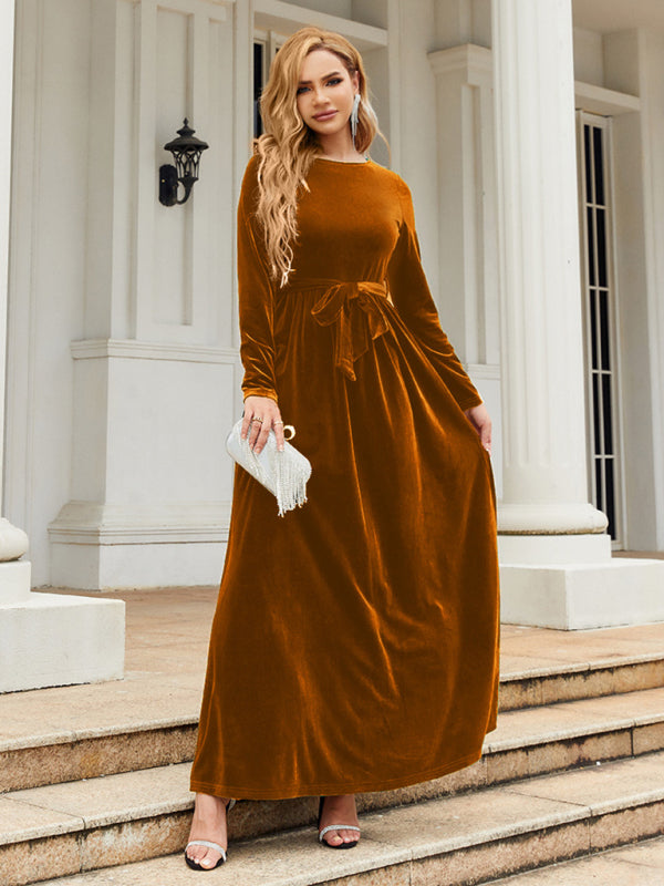 Zone Planet | Ella's Gold Velvet Belted Round Neck Maxi Dress -  Blue Zone  Planet