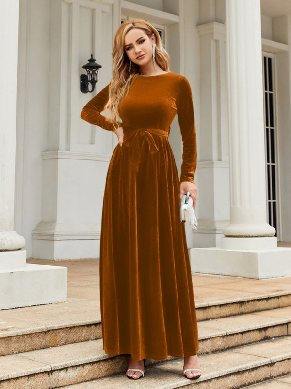 Zone Planet | Ella's Gold Velvet Belted Round Neck Maxi Dress - Brown / M by Blue Zone Planet Zone Planet | Ella's Gold Velvet Belted Round Neck Maxi Dress - Brown / M by Blue Zone Planet