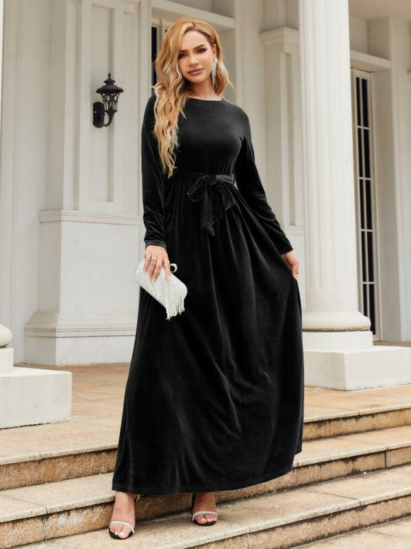 Ella's Gold Velvet Belted Round Neck Maxi Dress BLUE ZONE PLANET