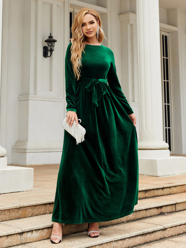Ella's Gold Velvet Belted Round Neck Maxi Dress BLUE ZONE PLANET