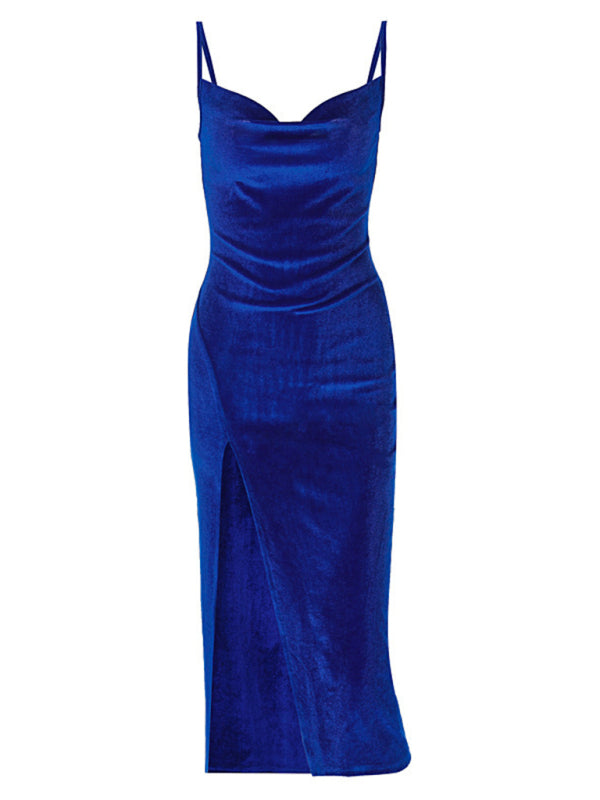 New sexy slim fit slit velvet suspender party dress BLUE ZONE PLANET