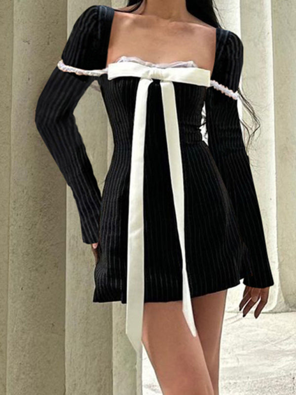style French square neck bow tie striped long-sleeved dress kakaclo