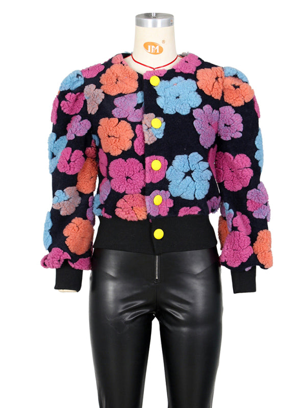 Button Three-dimensional Flower Short Jacket kakaclo