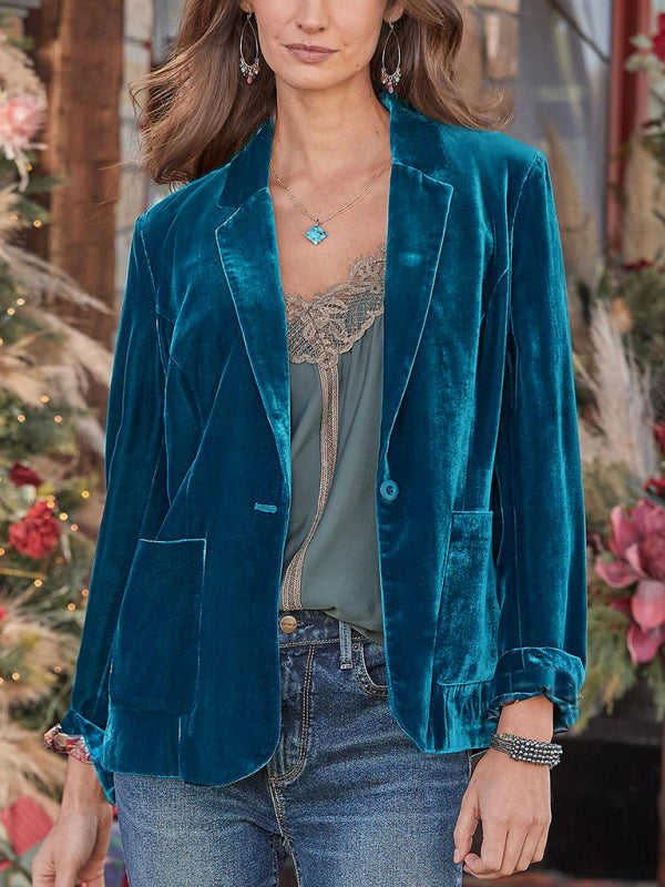 Women's gold velvet short lapel blazer BLUE ZONE PLANET