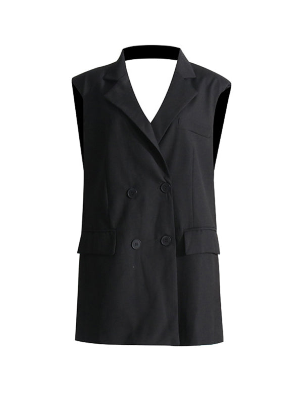 Blue Zone Planet | French niche style suit collar sleeveless straight backless waist bow stitching dress kakaclo