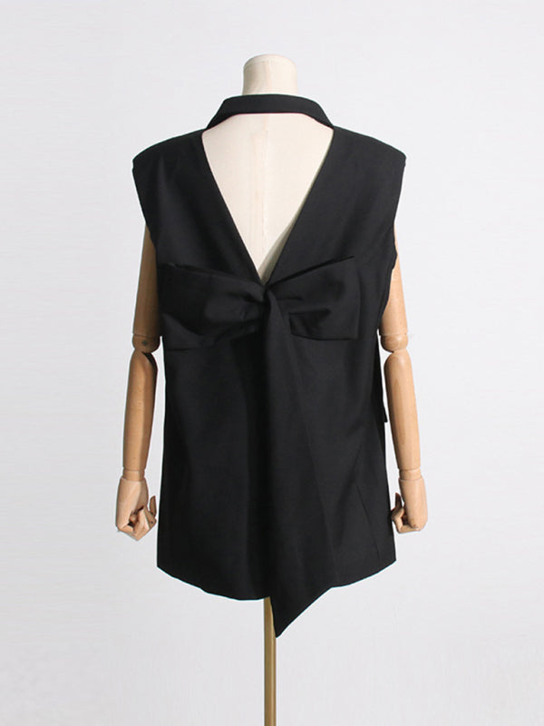 Blue Zone Planet | French niche style suit collar sleeveless straight backless waist bow stitching dress kakaclo