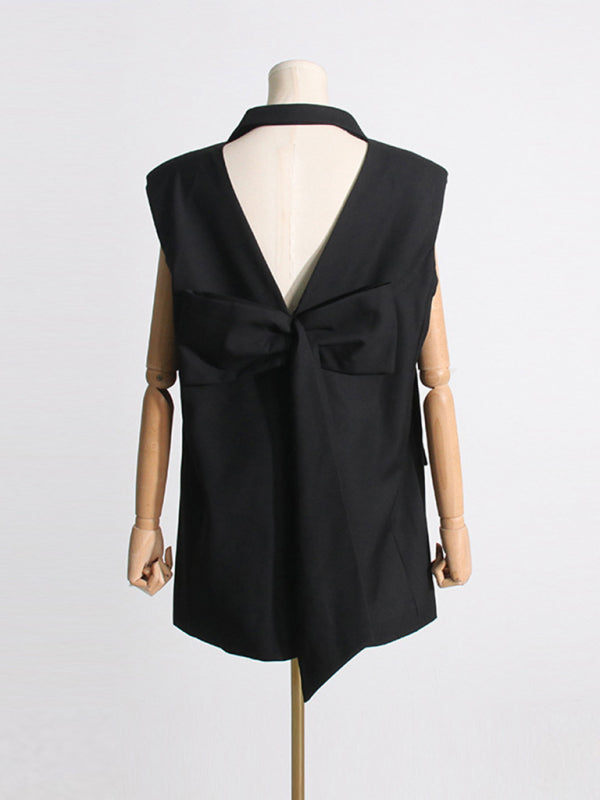 French niche style suit collar sleeveless straight backless waist bow stitching dress kakaclo