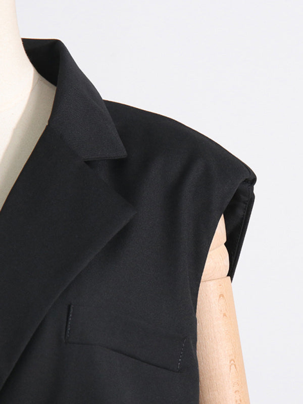 Blue Zone Planet | French niche style suit collar sleeveless straight backless waist bow stitching dress kakaclo