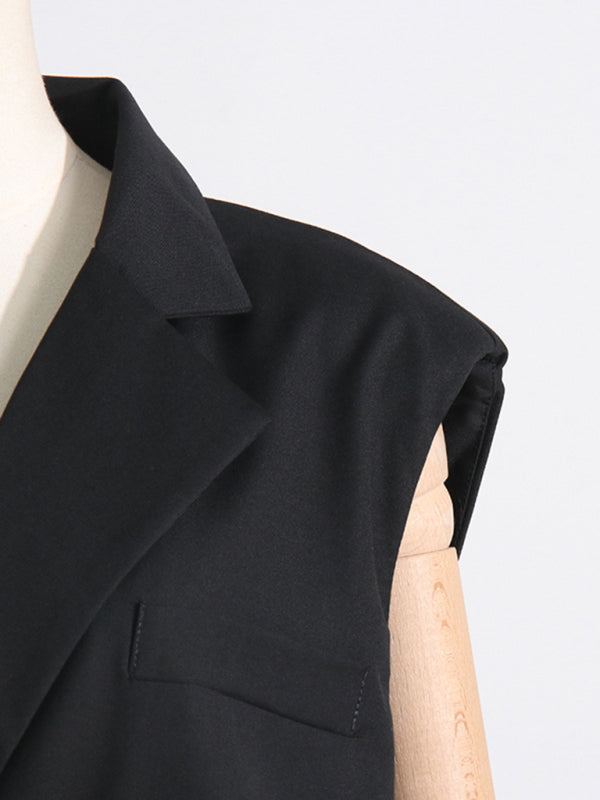 French niche style suit collar sleeveless straight backless waist bow stitching dress kakaclo