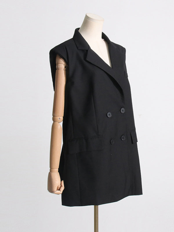 Blue Zone Planet | French niche style suit collar sleeveless straight backless waist bow stitching dress kakaclo