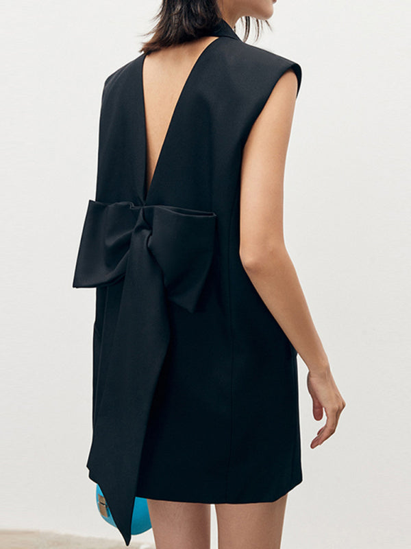 Blue Zone Planet | French niche style suit collar sleeveless straight backless waist bow stitching dress kakaclo