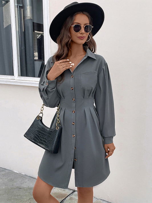 Button Long Sleeve Solid Color Shirt Dress BLUE ZONE PLANET
