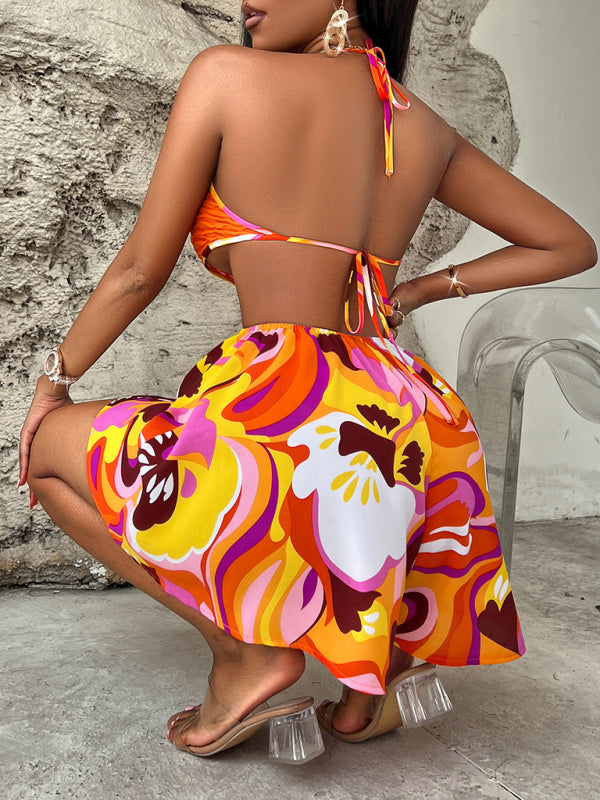 Summer Hollow Bright Color Halter Jumpsuit kakaclo