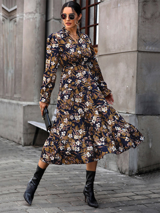 Women's new V-neck waist long-sleeved printed dress kakaclo