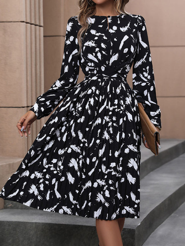 Women's new temperament printed black long-sleeved dress kakaclo