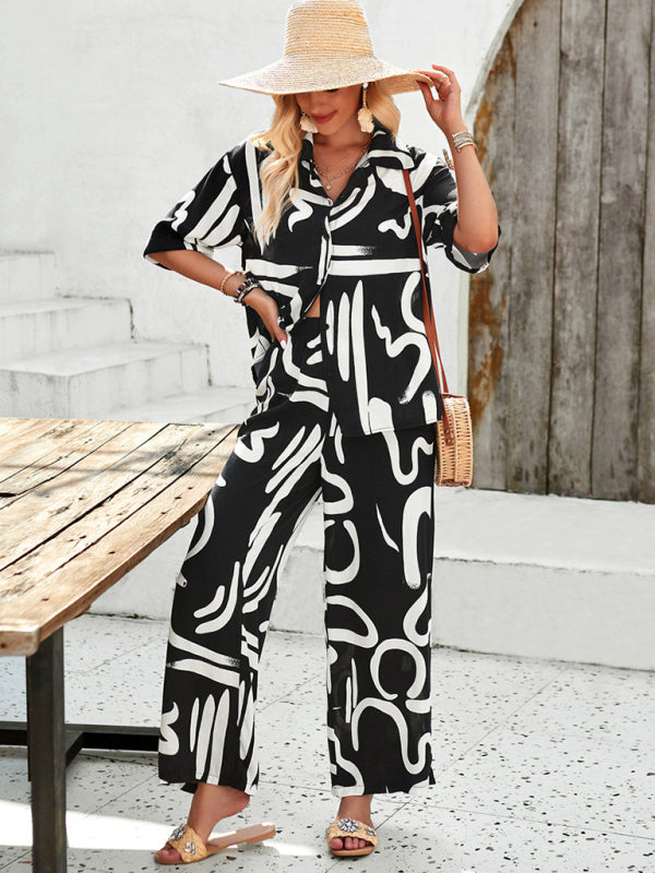 Blue Zone Planet |  printed lapel short-sleeved shirt and trousers vacation suit BLUE ZONE PLANET