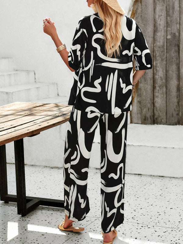 Blue Zone Planet |  printed lapel short-sleeved shirt and trousers vacation suit BLUE ZONE PLANET