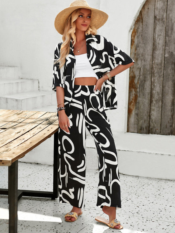 Blue Zone Planet |  printed lapel short-sleeved shirt and trousers vacation suit BLUE ZONE PLANET