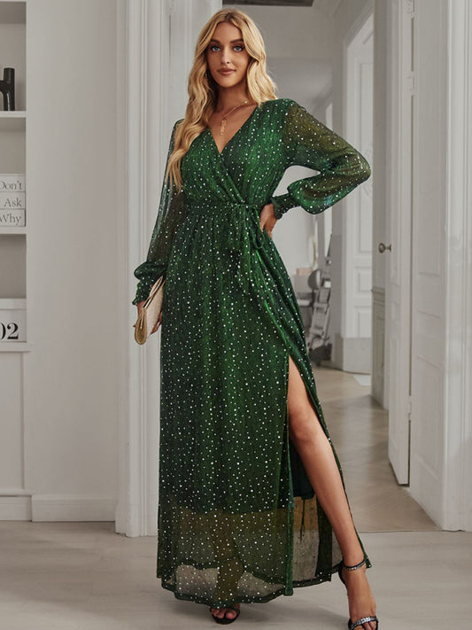 Women's Elegant V Neck Long Sleeve Waist Midi Dress kakaclo