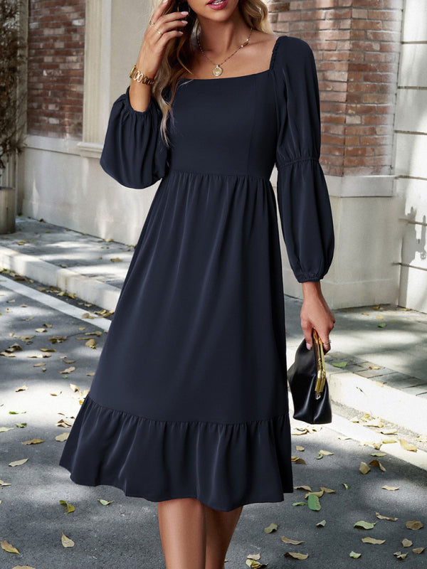 Elegant Solid Color Square Neck Long Sleeve Dress kakaclo