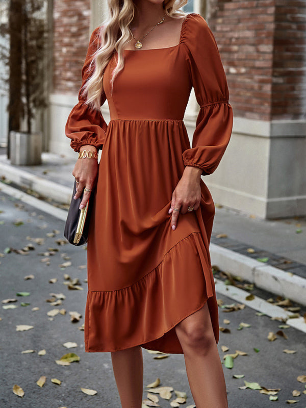 Elegant Solid Color Square Neck Long Sleeve Dress kakaclo