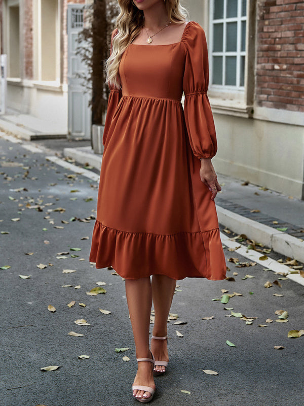 Elegant Solid Color Square Neck Long Sleeve Dress kakaclo