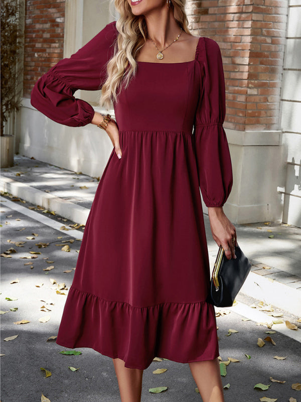 Elegant Solid Color Square Neck Long Sleeve Dress kakaclo