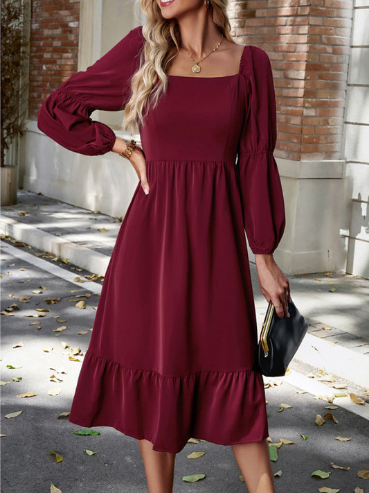 Elegant Solid Color Square Neck Long Sleeve Dress kakaclo