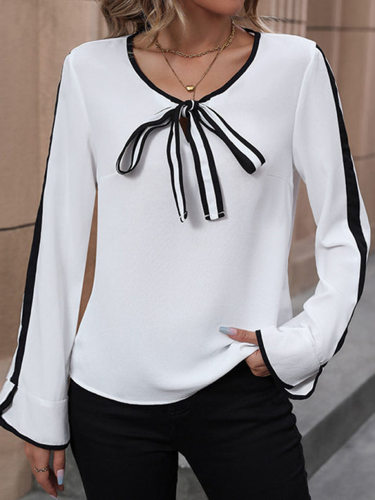 Blue Zone Planet |  Lace-up bow shirt, long-sleeved contrast shirt BLUE ZONE PLANET