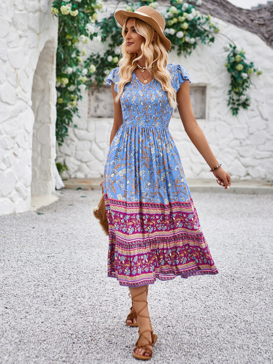 Blue Zone Planet |  Printed V-neck flying sleeve bohemian dress kakaclo
