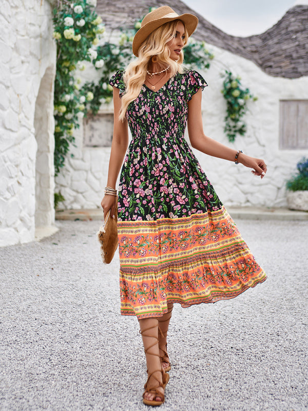 Blue Zone Planet |  Printed V-neck flying sleeve bohemian dress kakaclo