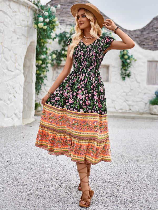 Blue Zone Planet |  Printed V-neck flying sleeve bohemian dress kakaclo