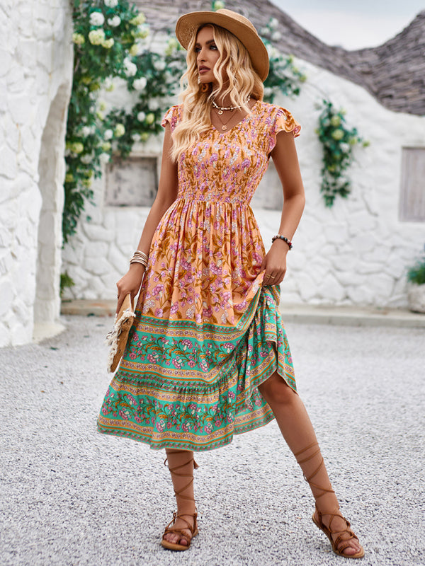 Blue Zone Planet |  Printed V-neck flying sleeve bohemian dress kakaclo