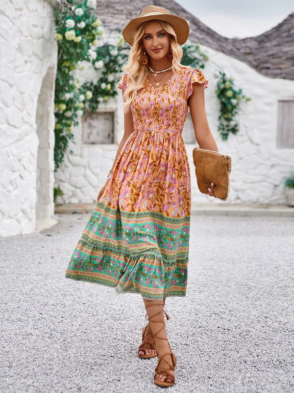Blue Zone Planet |  Printed V-neck flying sleeve bohemian dress kakaclo