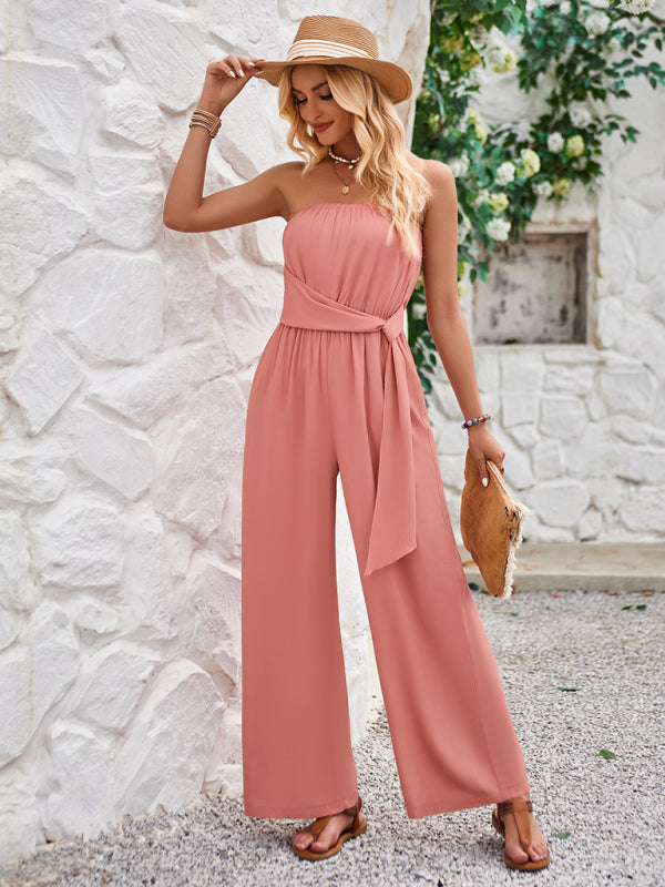 Solid color tube top and waist slim fit jumpsuit kakaclo