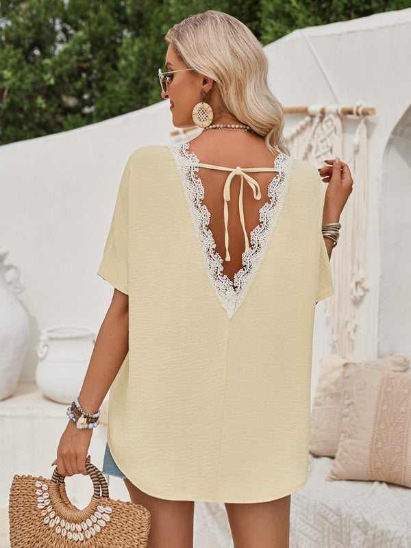 Loose round neck solid color lace back short sleeve top for women kakaclo