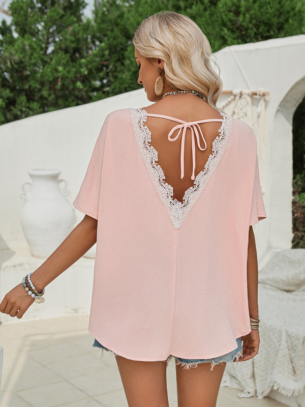 Loose round neck solid color lace back short sleeve top for women kakaclo
