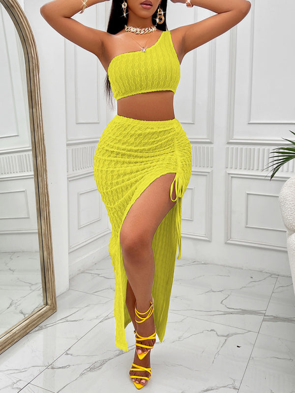 Casual solid color slope neck top and skirt slit maxi bodycon dress two piece set kakaclo