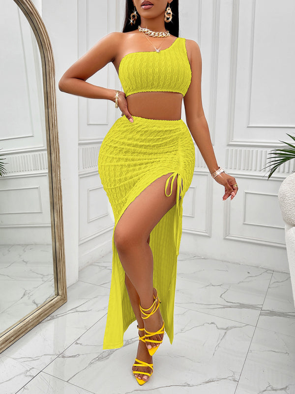 Casual solid color slope neck top and skirt slit maxi bodycon dress two piece set kakaclo
