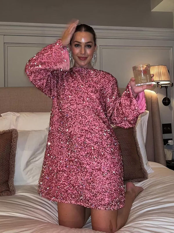Blue Planet | Round neck long sleeve loose sequin dress - Blue Pink / M by Blue Zone Planet Blue Planet | Round neck long sleeve loose sequin dress - Blue Pink / M by Blue Zone Planet