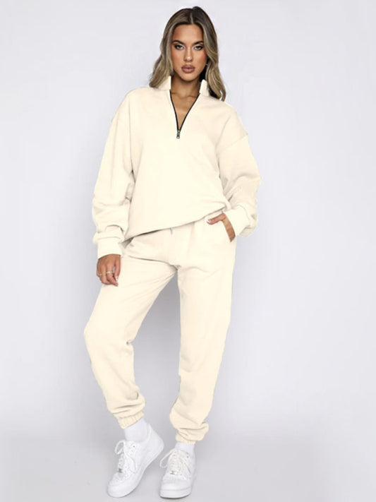 Blue Zone Planet |  Women's new solid color stand-up collar zipper pullover long-sleeved sweatshirt and trousers suit kakaclo