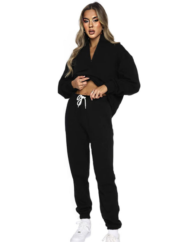Blue Zone Planet |  Women's new solid color stand-up collar zipper pullover long-sleeved sweatshirt and trousers suit kakaclo