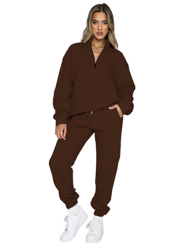 Blue Zone Planet |  Women's new solid color stand-up collar zipper pullover long-sleeved sweatshirt and trousers suit kakaclo