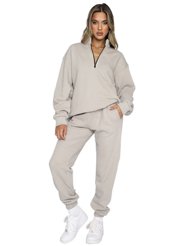 Blue Zone Planet |  Women's new solid color stand-up collar zipper pullover long-sleeved sweatshirt and trousers suit kakaclo