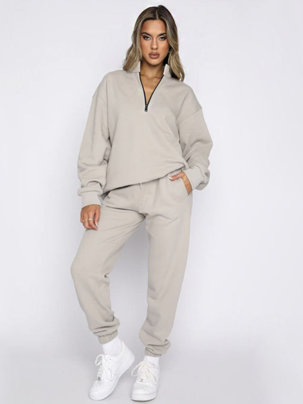 Blue Zone Planet |  Women's new solid color stand-up collar zipper pullover long-sleeved sweatshirt and trousers suit kakaclo