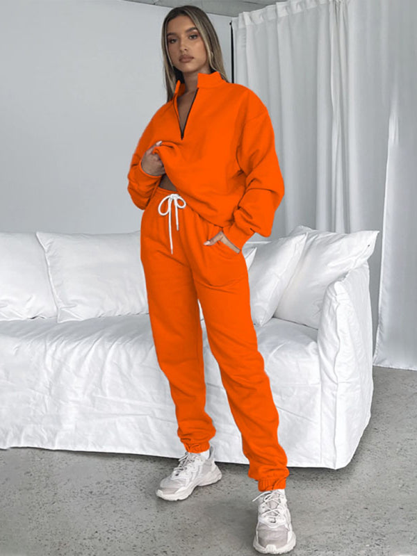 Blue Zone Planet |  Women's new solid color stand-up collar zipper pullover long-sleeved sweatshirt and trousers suit kakaclo