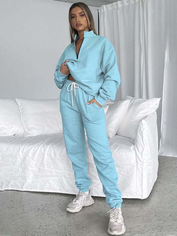 Blue Zone Planet |  Women's new solid color stand-up collar zipper pullover long-sleeved sweatshirt and trousers suit kakaclo