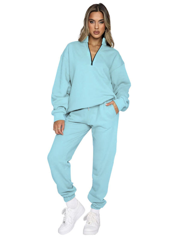 Blue Zone Planet |  Women's new solid color stand-up collar zipper pullover long-sleeved sweatshirt and trousers suit kakaclo