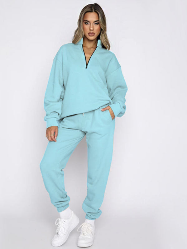 Blue Zone Planet |  Women's new solid color stand-up collar zipper pullover long-sleeved sweatshirt and trousers suit kakaclo