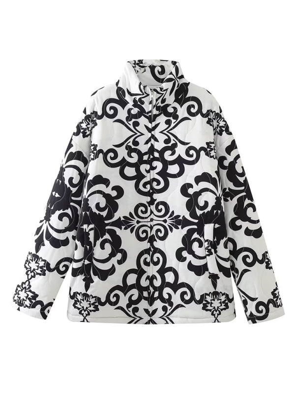 Quilted Cotton Printed Loose Stand Collar Padded Jacket kakaclo